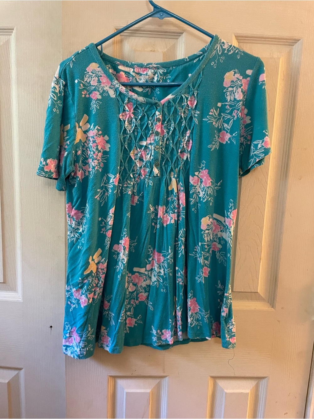 Kim Rogers Teal and pink pattern blouse Size medium